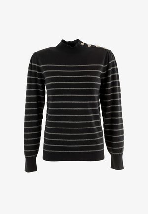Zwarte trui met grijze horizontale strepen, hoge halslijn en poffende lange mouwen. Heeft decoratieve knopen op één schouder.