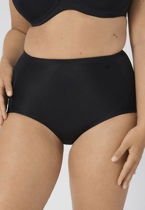 Schwarze, hochgeschnittene Unterwäsche aus glattem, dehnbarem Stoff. Sie zeichnet sich durch ein einfaches Design ohne sichtbare Nähte und mit einem dezenten Logo-Detail aus.