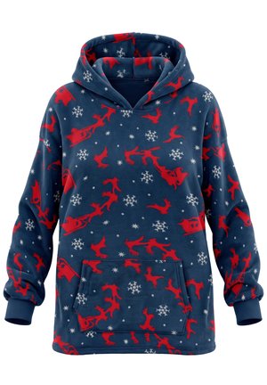 Felpa con cappuccio in pile blu con slitta rossa di Babbo Natale e renne e motivi a fiocchi di neve bianchi, tasca frontale e polsini a costine.
