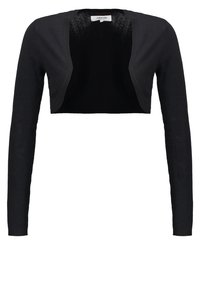 Schwarze, kurze Bolero-Strickjacke mit offenem Frontschnitt, langen Ärmeln, gerippten Kanten und einem Zalando-Labels im Kragen.