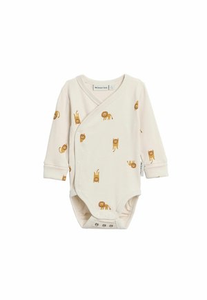 Crèmekleurig babyrompertje met lange mouwen, kleine bruine leeuwafdrukken en drukknopen aan de voorkant voor eenvoudige luierwissels.