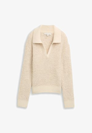 Cremefarbener Pullover mit strukturierter Optik, V-Ausschnitt sowie geripptem Kragen und Saum. Verfügt über lange Ärmel und eine bequeme Passform.