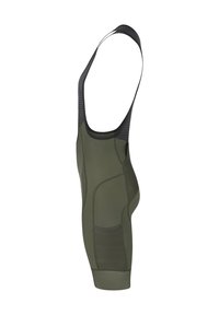 Olive green cycling bib shorts made of stretch fabric, featuring a racerback design, textured upper, and breathable mesh panels for ventilation.