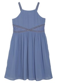 Niebieska sukienka bez rękawów z plisowanym gorsetem, koronkową ozdobą z koralików w talii oraz zwiewną, marszczoną spódnicą.