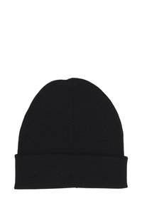 Berretto in maglia nera con bordo ripiegato, cima arrotondata e superficie liscia. Realizzato in materiale flessibile per una vestibilità aderente.