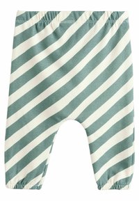 Raidalliset housut, joissa on rento malli ja joustava vyötärö. Valmistettu pehmeästä kankaasta, jossa on vinosti vaaleanvihreitä ja kermaan värisiä raitoja.