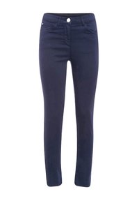 Pantaloni blu navy in cotone stretch con vestibilità slim. Presentano una chiusura con zip frontale, cinque tasche e una cintura tono su tono. Tessuto morbido.