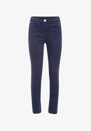 Donkerblauwe katoen-stretch broek met een slim fit. Voorzien van een ritssluiting aan de voorkant, vijf zakken en een tonale tailleband. Gladde textuur.