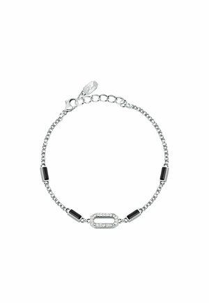 Bracciale in argento con inserimenti neri rettangolari e una sezione ovale centrale decorata con piccole pietre trasparenti.