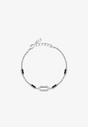 Bracciale in argento con inserimenti neri rettangolari e una sezione ovale centrale decorata con piccole pietre trasparenti.