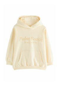 Džemperis ar kapuci no maigas, gaiši dzeltenas auduma, ar liela kabatas priekšpusi, ribotas aproces un izšūtu "Palm Beach" tekstu priekšpusē.