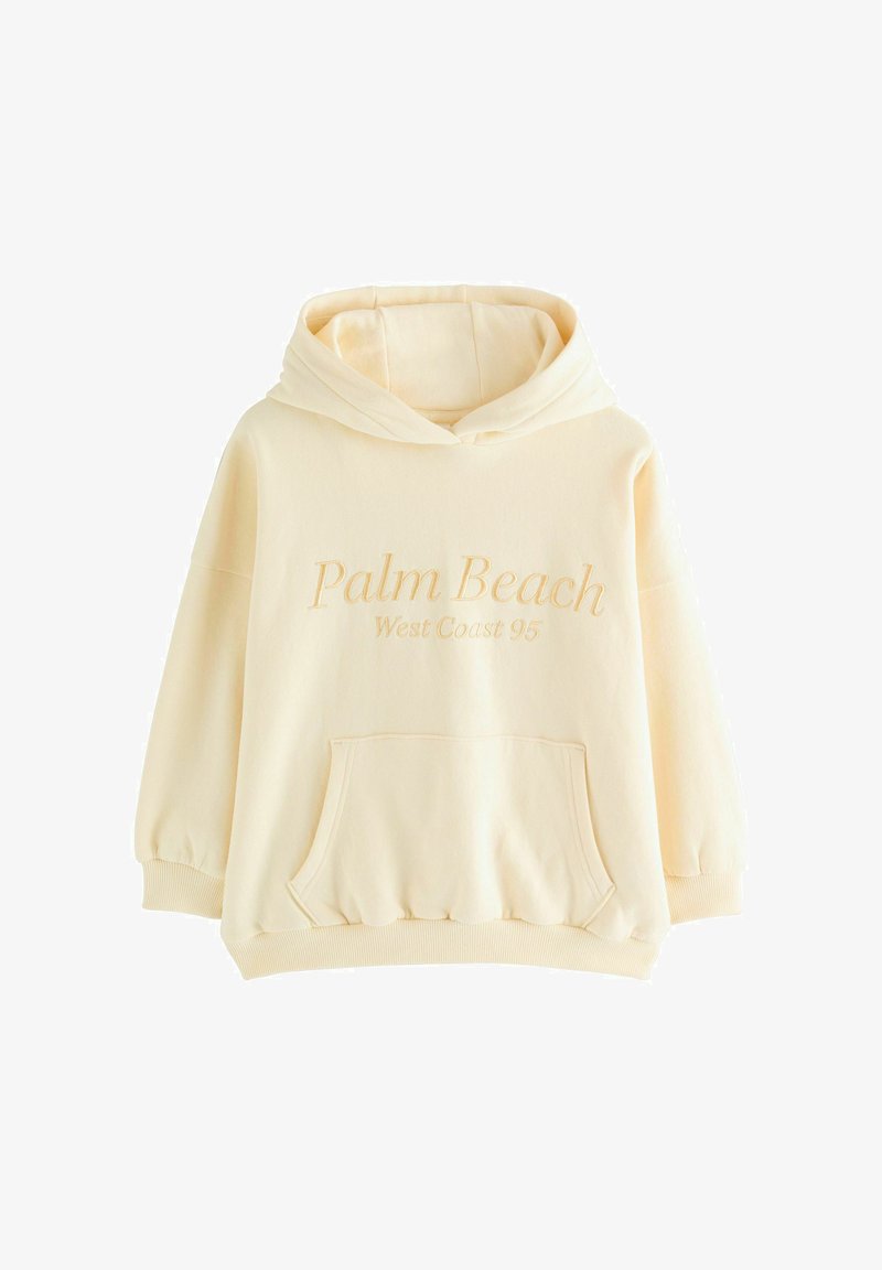Džemperis ar kapuci no maigas, gaiši dzeltenas auduma, ar liela kabatas priekšpusi, ribotas aproces un izšūtu "Palm Beach" tekstu priekšpusē.