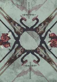 Mønsterstof med kranium- og blomsterdesign. Farver inkluderer dæmpet turkis, mørk lilla og dyb rød. Teksten "SAINT" og "SINNER" er inkluderet.