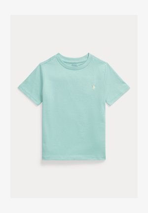 Hellblaues T-Shirt mit kurzen Ärmeln aus weicher Baumwolle. Verfügt über ein kleines gesticktes Logo auf der linken Brust. Klassischer Rundhalsausschnitt.