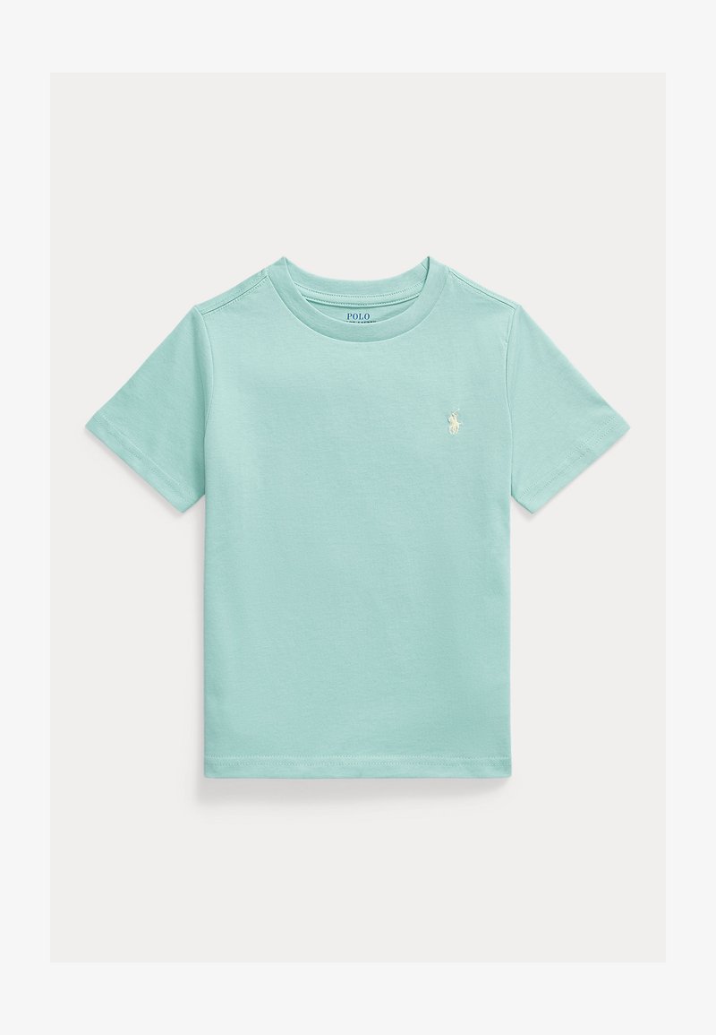 Hellblaues T-Shirt mit kurzen Ärmeln aus weicher Baumwolle. Verfügt über ein kleines gesticktes Logo auf der linken Brust. Klassischer Rundhalsausschnitt.