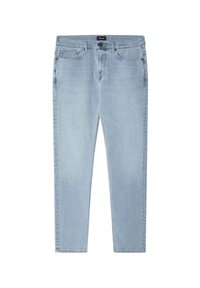 Jeans de mezclilla azul claro con un diseño de pierna recta, estilo de cinco bolsillos y cierre de botón. Textura suave y detalles de desvanecimiento sutil.
