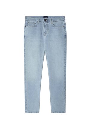 Hellblaue Jeans aus Denim mit geradem Bein, Fünf-Taschen-Stil und Knopfverschluss. Glatte Textur und subtile Ausbleichungen.