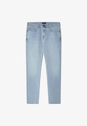 Jeans in denim azzurro chiaro con un design a gamba dritta, stile a cinque tasche e chiusura con bottone. Texture liscia e dettagli di sbiadimento sottili.
