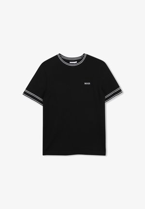 Zwart T-shirt met korte mouwen en witte dubbele strepen op de kraag en mouwzomen, met het "BOSS"-logo op de linkerborst.