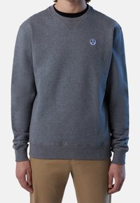 Felpa grigia con collo a giro, maniche lunghe e un piccolo logo blu sul petto. Tessuto liscio e vestibilità standard.
