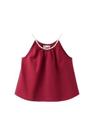 Haut femme sans manches bordeaux avec fines bretelles crème et encolure froncée sur fond blanc.