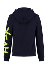 Felpa navy in cotone con cappuccio regolabile, caratterizzata da una grande stampa neon verde "YEAH" sulla manica sinistra. Design semplice e informale.