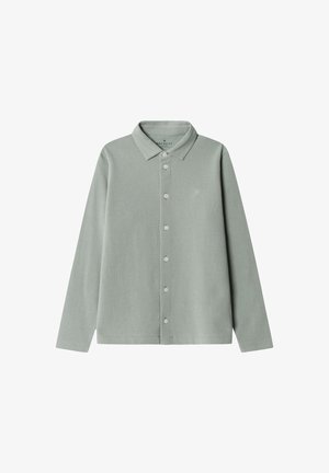 Hellgrünes langärmeliges Hemd mit Knopfleiste, ausgestattet mit Kragen, Frontknöpfen und einem kleinen Logo auf der linken Brust, gefertigt aus weichem Material.