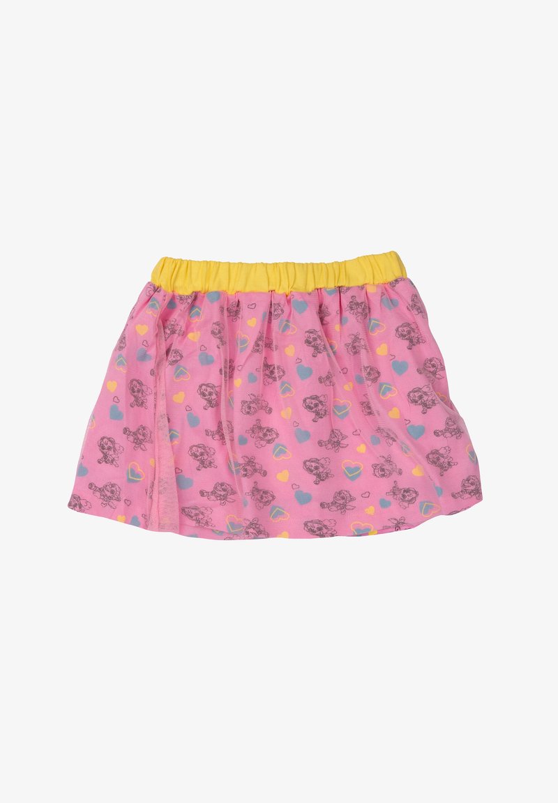 Gonna rosa con cintura gialla; presenta personaggi dei cartoni animati grigi e motivi a forma di cuore colorati; realizzata in tessuto morbido e leggero.
