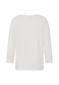 Schlichtes weißes Langarmshirt mit rundem Halsausschnitt und geradem Saum, von hinten vor weißem Hintergrund gezeigt.