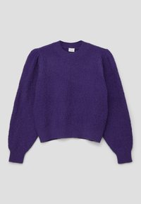 Pull en maille violet avec un tissu texturé, col rond et manches longues bouffantes. Longueur cropped avec des poignets et un ourlet côtelés.