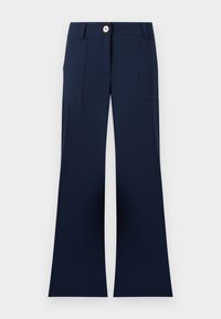 Παντελόνι μπλε ναυτικό με φαρδιά πόδια, μπροστινές τσέπες με πατ επιλογές, θηλιές για ζώνη και ένα ορατό κουμπί κλεισίματος στη μέση.