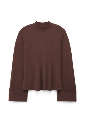 Brązowy sweter z długim rękawem, z półgolfem, luźnym krojem, szerokimi mankietami i delikatnym rozszerzeniem na dole.