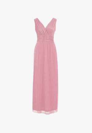 Pikad roosa kleit V-dekolteega, laiad rihmad ja volangiline tekstuur. Disain sisaldab vormitud rinda ja laienevat seelikuosa, luues elegantse silueti.