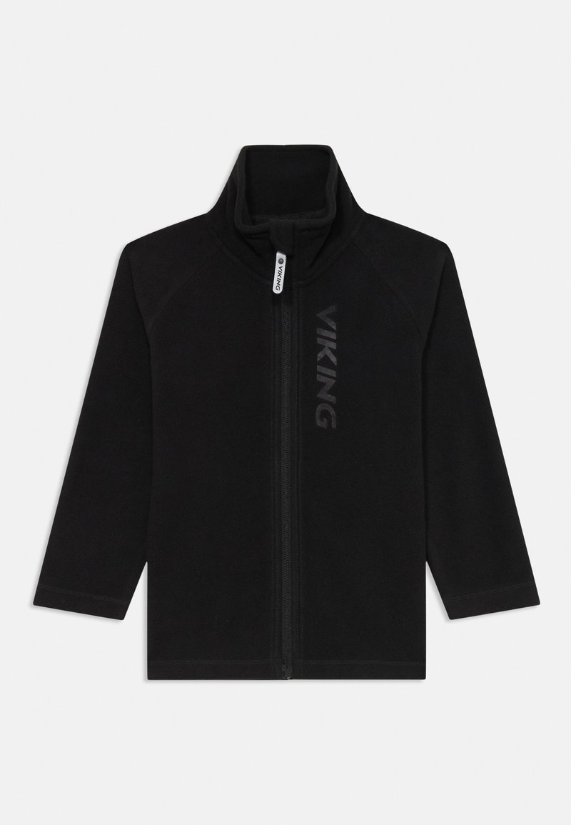Čierna fleecová bunda s vysokým golierom, plným zipsom a tónovými logom "VIKING" na prednej strane. Má dlhé rukávy a rovný lem.