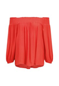 Blusa off-the-shoulder en coral brillante, hecha de tela ligera con pliegues texturizados y escote elástico. Mangas largas y abullonadas.