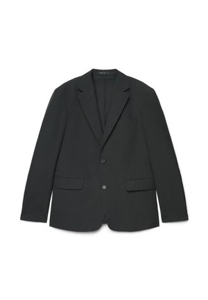 Blazer noir tailored avec revers crantés, deux poches avant à rabat, une poche poitrine, et fermeture à deux boutons, présenté sur fond blanc.
