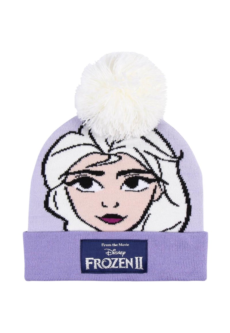 Beanie lavorato a maglia lavanda con un pom-pom bianco, un'illustrazione del volto di un personaggio e una toppa blu con la scritta "Disney Frozen II."