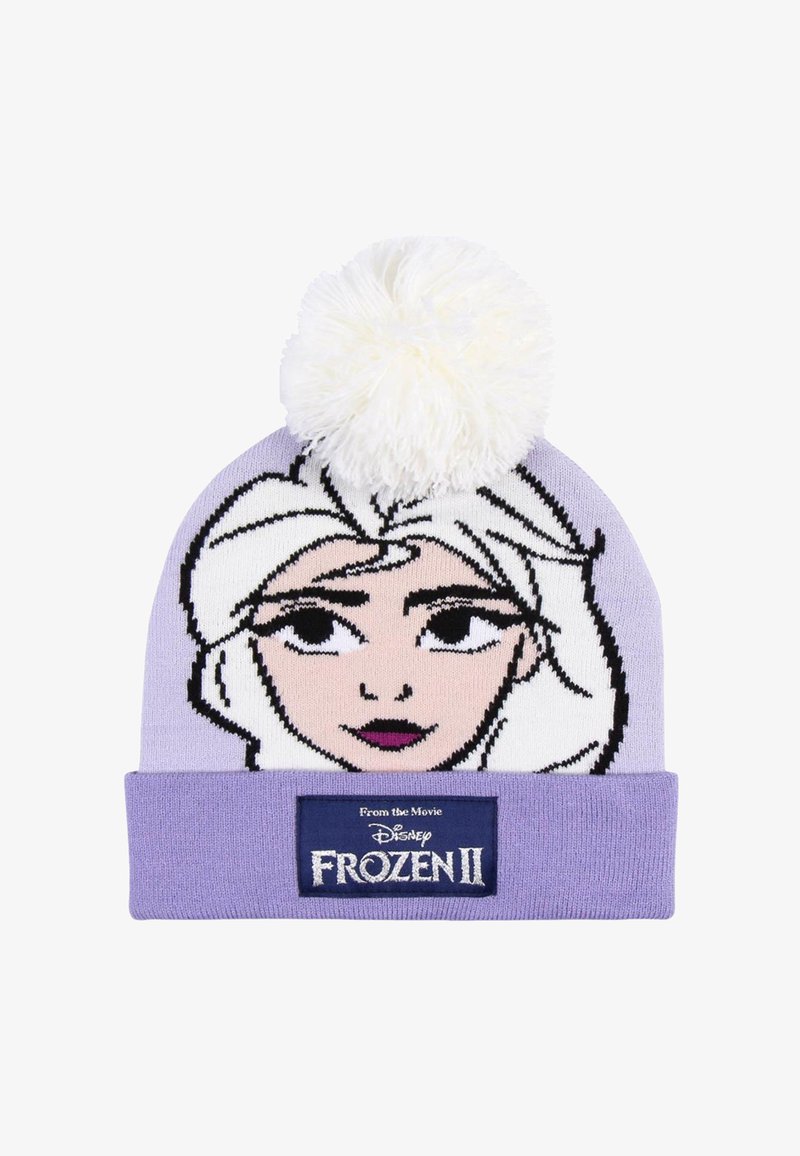 Beanie lavorato a maglia lavanda con un pom-pom bianco, un'illustrazione del volto di un personaggio e una toppa blu con la scritta "Disney Frozen II."