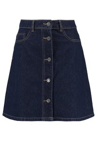 Mörk denim A-linjeformad kjol med hög midja, knappstängning fram och subtila sömmar. Har sidofickor och en slät, texturerad yta.