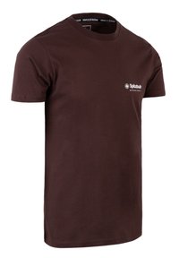 Braunes Baumwoll-T-Shirt mit Rundhalsausschnitt, kurzen Ärmeln und einem kleinen weißen Logo auf der Brust. Klassische Passform und einfarbig.