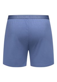 Blauwe heren boxershorts met elastische tailleband, voorzien van subtiele reliëf merktekst, van achteren getoond op een witte achtergrond.