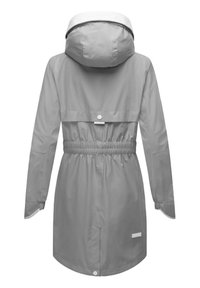 Gray waterproof coat with a cinched waist, an adjustable hood, and snap closure details; smooth texture and simple design.