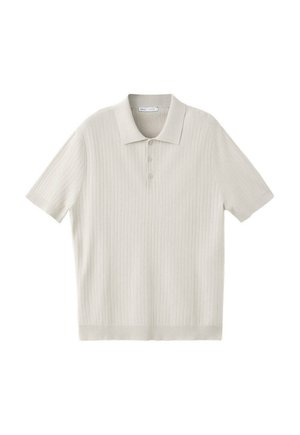 Koszulka polo z krótkim rękawem, wykonana z prążkowanego dzianego materiału w jasnobeżowym kolorze, z kołnierzykiem i trzema guzikami z przodu.