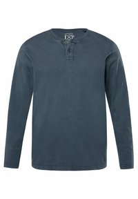 Langärmliges, marineblaues Hemd mit rundem Ausschnitt und einer zwei-knöpfigen Knopfleiste. Hergestellt aus weichem Stoff mit glatter Textur. Einfaches Design, keine Muster.