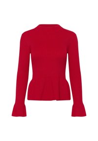 Maglione a coste rosso con collo alto, maniche lunghe svasate e bordo a peplum. La texture liscia e la silhouette aderente valorizzano il suo design.
