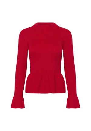 Rot gestrickter Pullover mit hohem Kragen, langen, ausgestellten Ärmeln und einem Peplum-Saum. Die glatte Textur und die figurbetonte Silhouette betonen das Design.