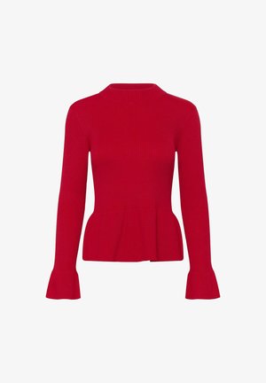Pulover tricotat roșu cu o gât înalt, mâneci lungi și evazate, și tiv peplum. Textura netedă și silueta ajustată îi pun în evidență designul.