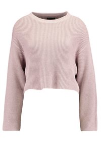 Lichtroze cropped sweater met een gebreide textuur, brede mouwen en een ronde halslijn. De zoom eindigt boven de taille.