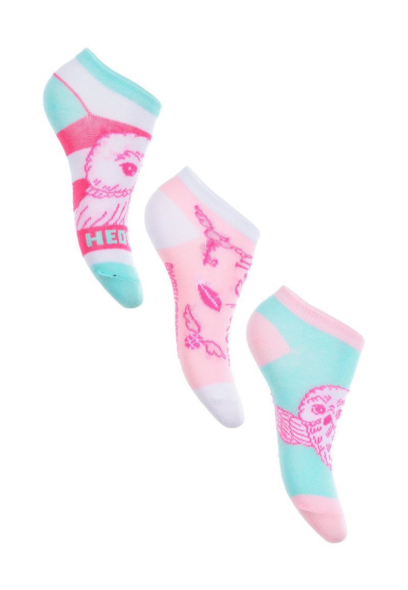 Tre paia di calzini alla caviglia; i colori includono rosa, verde menta e bianco. I modelli presentano gufi, labbra e altri disegni. Materiale morbido con polsini a coste.