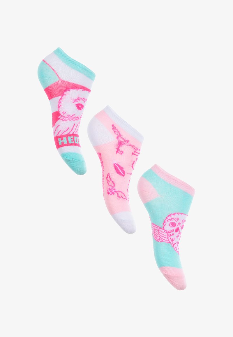 Drei Paare von Knöchelsocken; Farben sind rosa, mintgrün und weiß. Muster zeigen Eulen, Lippen und andere Designs. Weiches Material mit gerippten Bündchen.